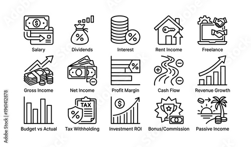 Financial icons depicting income sources and economic metrics in black line art