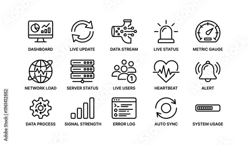 Dashboard icons: data, status, update indicators for monitoring and analysis