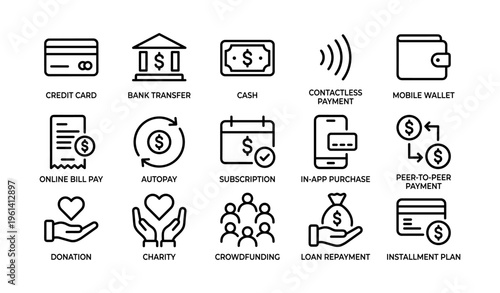 Financial icons: payment methods, donations, loans, subscription