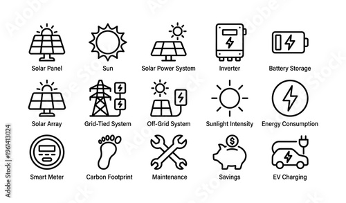 Solar energy icons set showing panels, sun, battery, charging, and efficiency tools