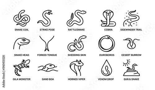 Snake icons: cobra, rattlesnake, viper, and more reptile symbols