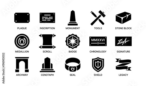 Historical symbols and monuments: medallion, scroll, badge, shield icons