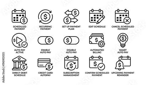 Payment management icons: scheduling, auto pay, billing, reminders, setup