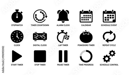 Timer icons set: stopwatch, alarm, calendar, digital clock, pomodoro timer