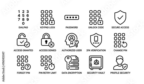 Digital security icons: access, authentication, encryption, protection symbols