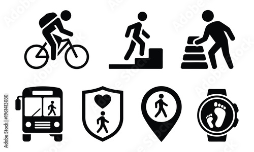 Solid style icons of urban active lifestyle, featuring cycling, walking, stair climbing, park workouts, transit use, and step count tracking, walkability and fitness indicator symbols, modern flat 