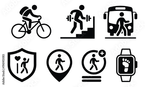 Solid style icons of urban active living, including bike-to-work, stair climbing, walking commute, park workout, transit and steps, representing active lifestyle badges, walkability score, and step 