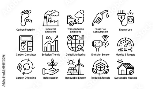 Environmental icons: carbon footprint, emissions, renewable energy, sustainability