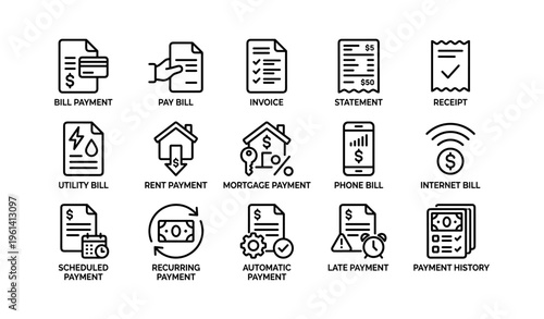 Financial document icons including bills, invoices, and payments