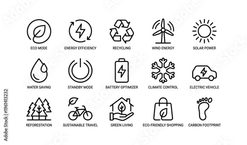 Icons of eco mode, energy efficiency, recycling, wind and solar power, and sustainable living