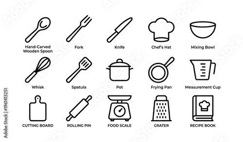 Kitchen utensils and tools icons set with spoon fork knife chef hat