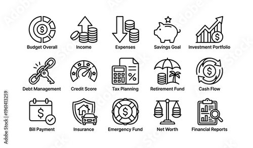 Financial planning icons illustrating budget, income, expenses, savings, investment, and more