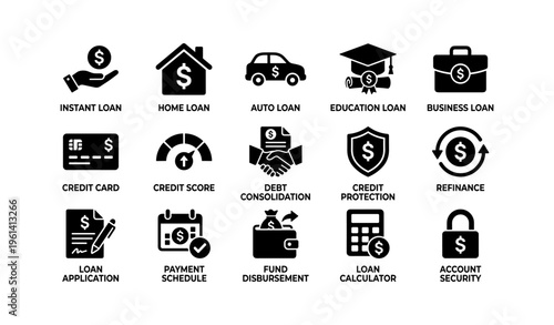 Finance icons set: loan, credit, protection, refinancing, payment calculator