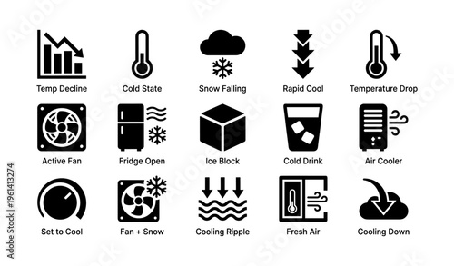 Climate control icons: temperature decline, snow falling, rapid cool, fresh air, cooling down