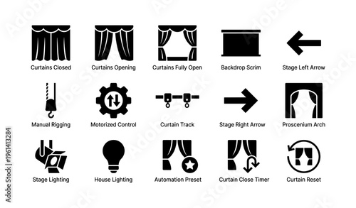 Theater icon set featuring curtains, lighting, and stage elements