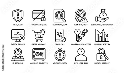 Cybersecurity icons representing risk, fraud detection, and data protection