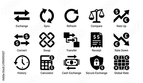 Essential financial and currency exchange icon set for business and transactions