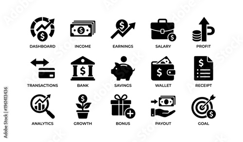 Financial icons set featuring savings, income, wallet, and analytics symbols