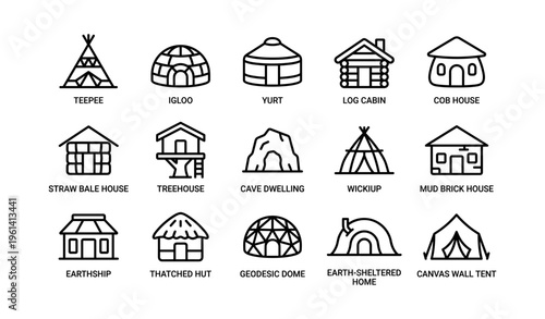Different types of traditional and modern homes: teepee, igloo, yurt, log cabin, cob house