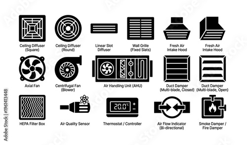 Hvac components: diffusers, fans, dampers, ahu, thermostat icons
