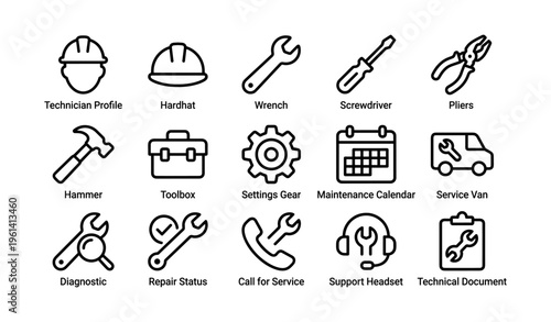 Technician tools and services icons: hardhat, wrench, screwdriver, and more