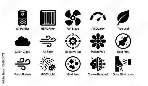 Air purifier icons: clean air, hepa, uv-c light, negative ion, mold free