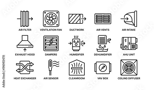 Hvac system components: filters, fans, ducts, vents, intakes, hoods, dampers, humidifiers