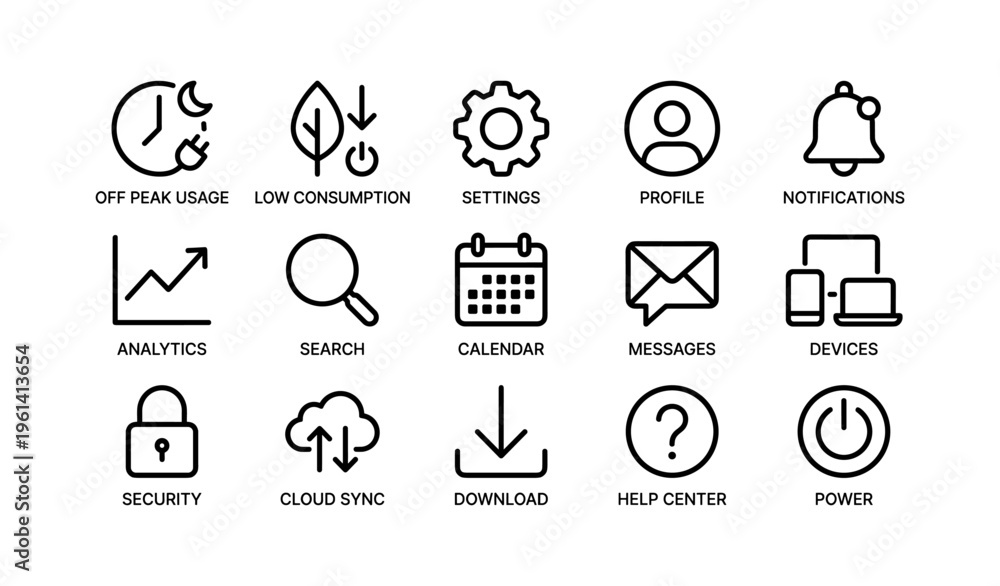 Fototapeta premium Icons for off peak usage, low consumption, settings, profile, and notifications