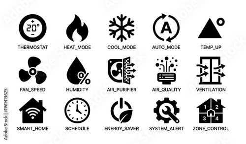 Smart home system icons for climate control and air quality management