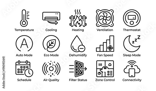 Smart home hvac system icons illustrating temperature, cooling, heating, ventilation, and thermostat functions