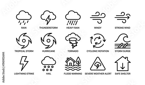 Weather icons: rain, thunderstorm, wind, storms, alerts