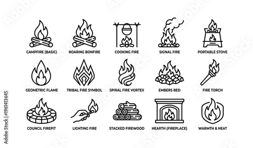 Set of fire icons: campfire, bonfire, fireplace, and more in minimalist style