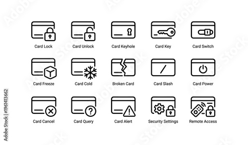 Card management icons: lock, unlock, keyhole, key, switch, freeze, cold, broken, slash, power