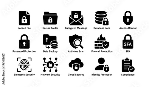 Cybersecurity icons set featuring data backup, firewall, and antivirus protection