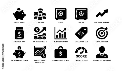 Financial icons collection: piggy bank safe coin pile budget growth arrow target credit score