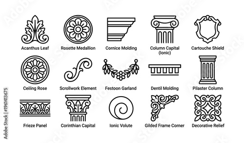 Classical architectural elements: acanthus, ionic, corinthian, medallion, volute
