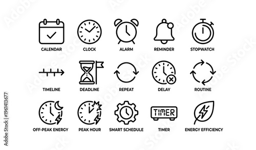 Icon set featuring calendar clock alarm reminder stopwatch energy efficiency timer