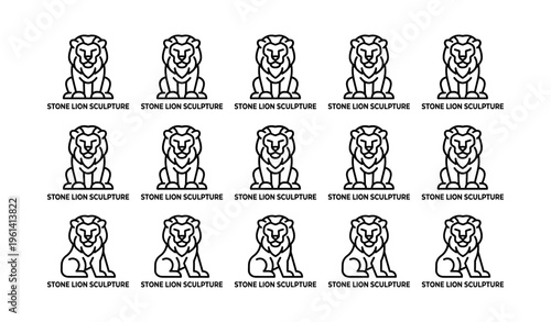 Repeated stone lion sculpture pattern in black and white