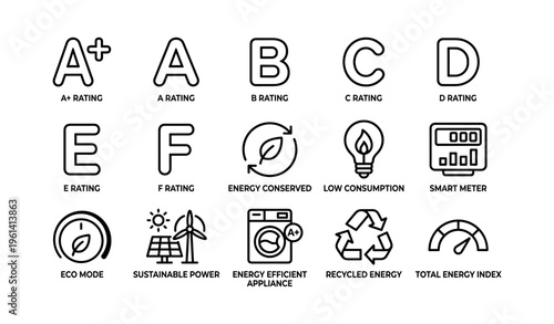 Energy efficiency ratings and symbols for sustainable appliances and smart meters