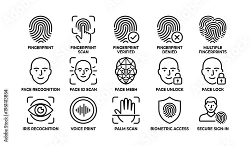 Biometric security icons: fingerprints, face id, voice, eye, palm, access