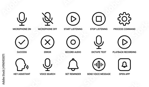 Voice command interface icons set with microphone and functional symbols