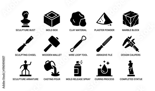 Sculpture creation tools and materials: bust, mold, clay, plaster, marble techniques