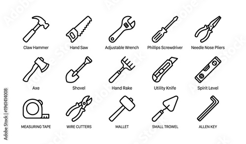 Tool icons set with hammer, saw, wrench, screwdriver, pliers, axe, and more