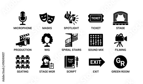 Theater icons collection: microphone, masks, spotlight, ticket, stage, production, filming