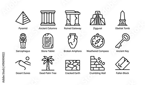 Ancient artifacts and structures icons: pyramids, columns, ziggurat, and more
