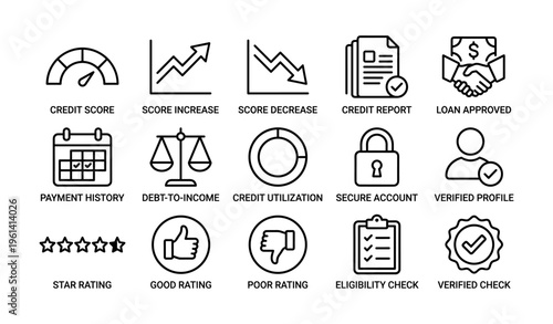 Credit score icons: score increase, decrease, report, and loan approval symbols