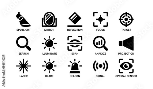 Set of black icon illustrations for optical and light technology concepts
