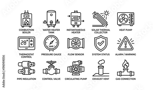 Heating and plumbing system icons and components illustrated
