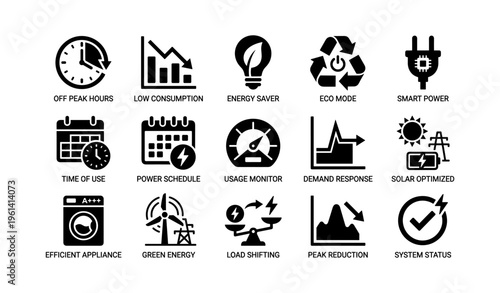 Energy efficiency icons: smart power solutions for renewable and low consumption