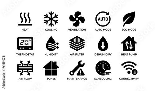 Comprehensive hvac system icons: heat, cooling, ventilation, and more